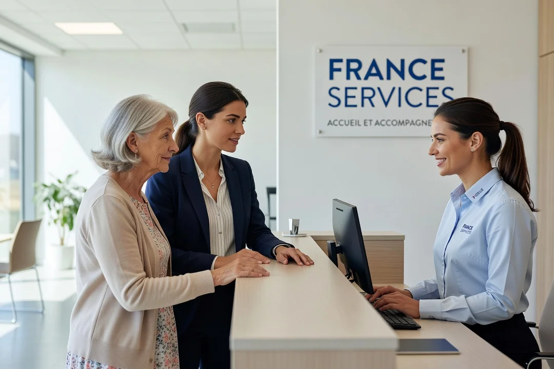 Un jeune cohabitant et un aîné discutent avec un conseiller dans un espace France services