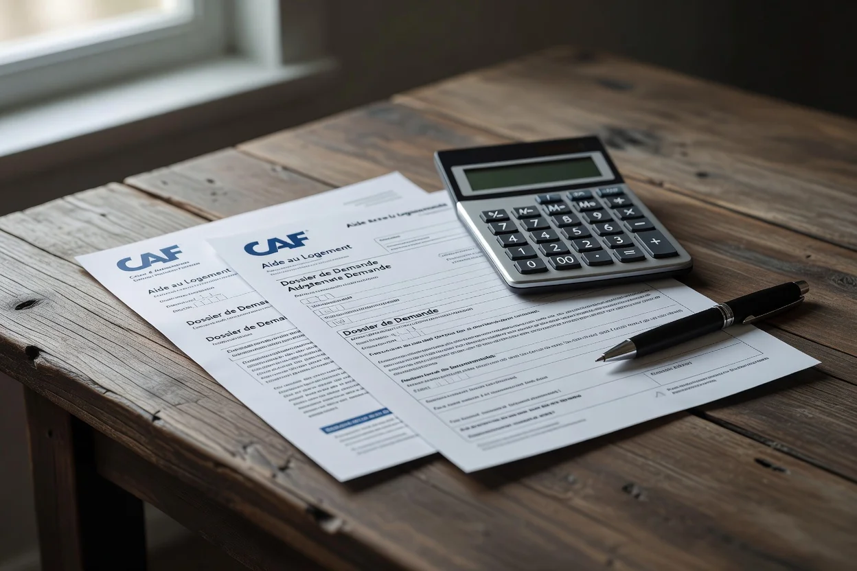 Documents Caf et calculatrice sur une table pour estimer une aide au logement