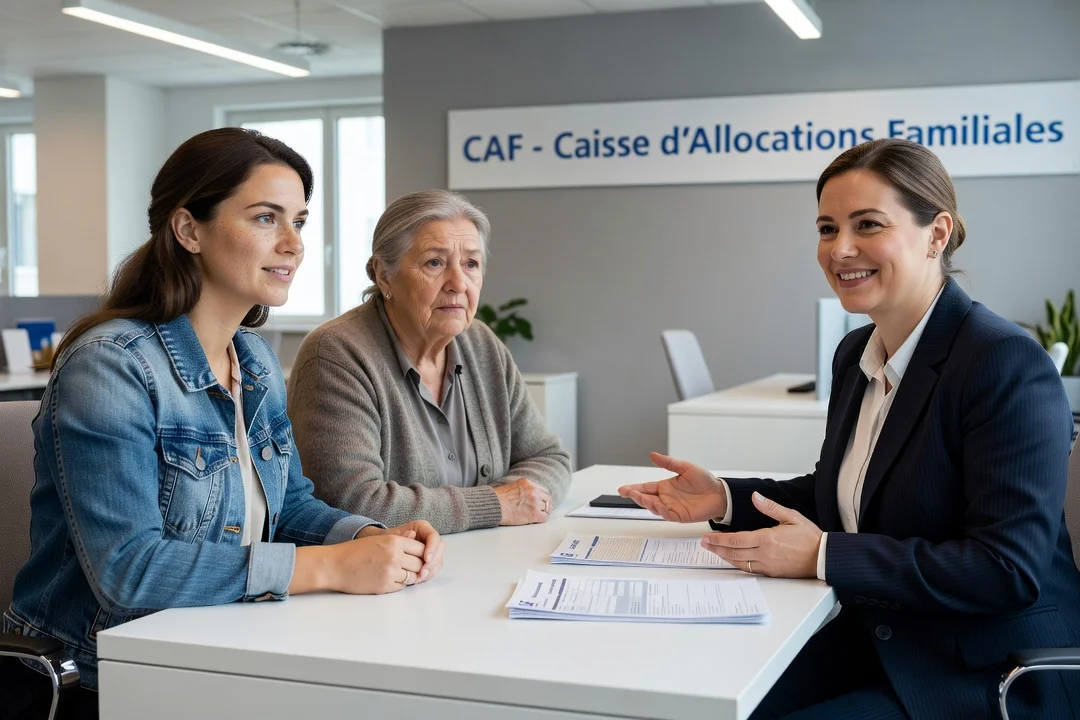 Jeune occupant et senior discutent devant un ordinateur pour une simulation CAF