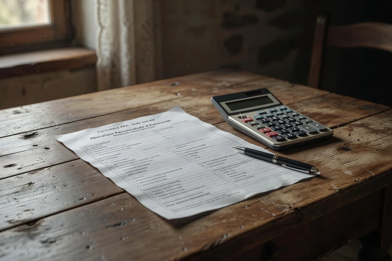 Gros plan sur un formulaire d'aide sociale et une calculatrice sur une table en bois