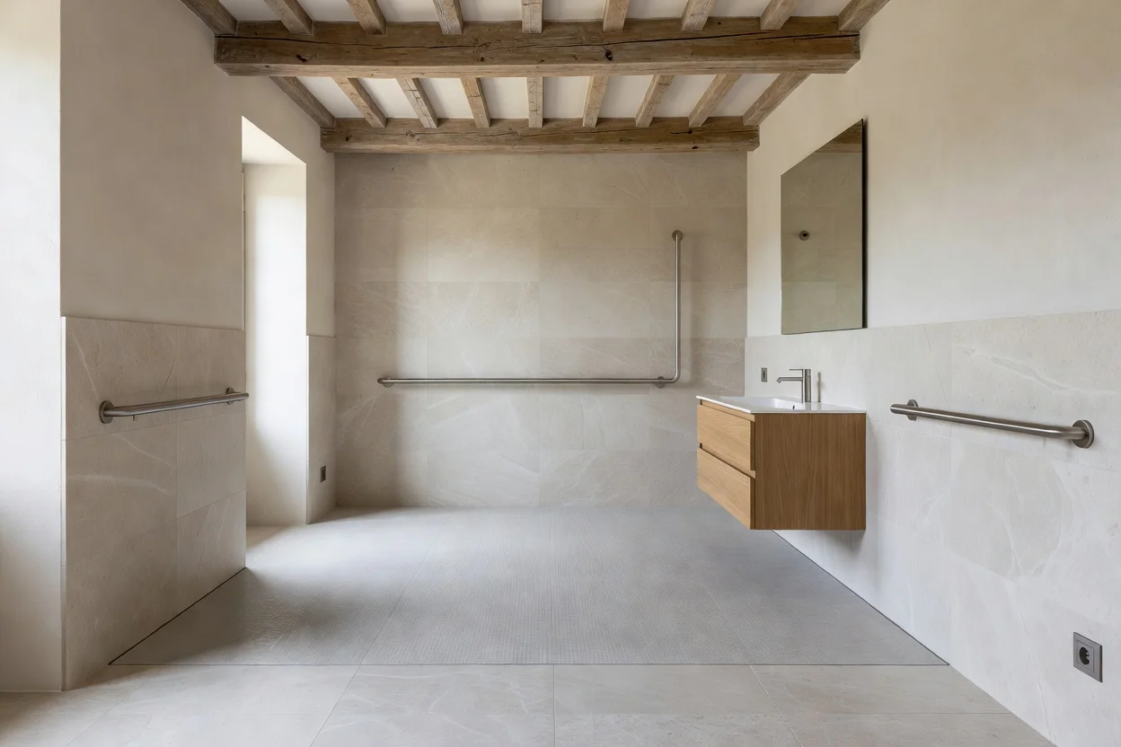 Salle de bain adaptée avec barres d'appui et douche à l'italienne dans une maison rurale