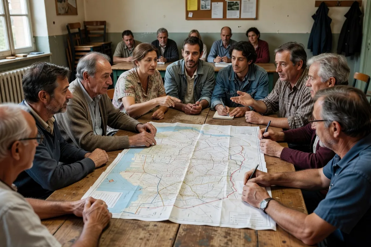 Des habitants et des acteurs locaux discutent autour d'une carte du territoire