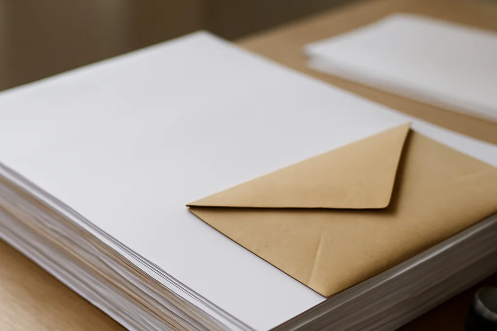 Pile de documents administratifs et enveloppe kraft posés sur un bureau en bois