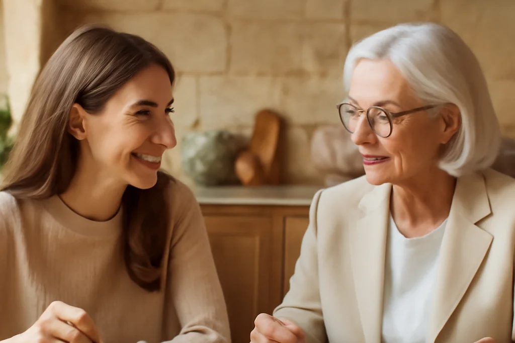 Une étudiante et une femme senior partagent un repas convivial dans une cuisine rurale