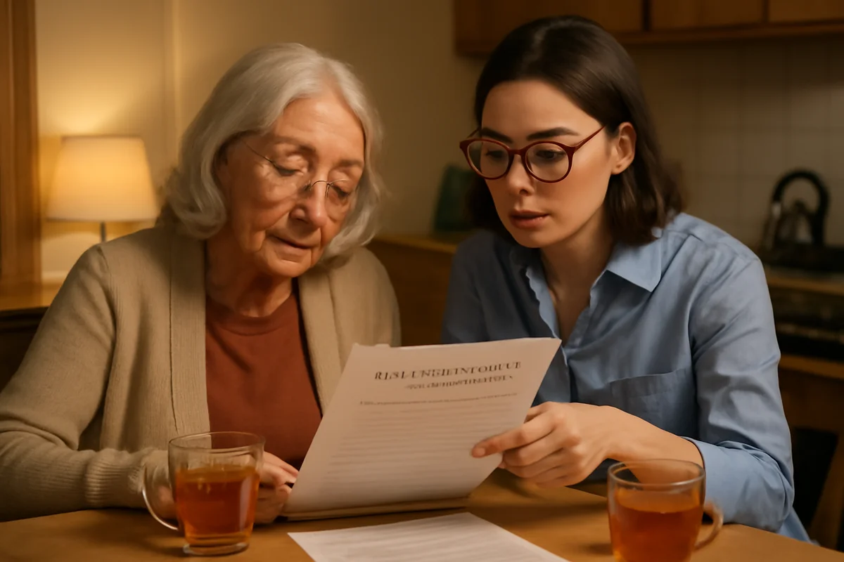 Une femme senior et une jeune actrice discutent en révisant une convention de cohabitation à la table de la cuisine