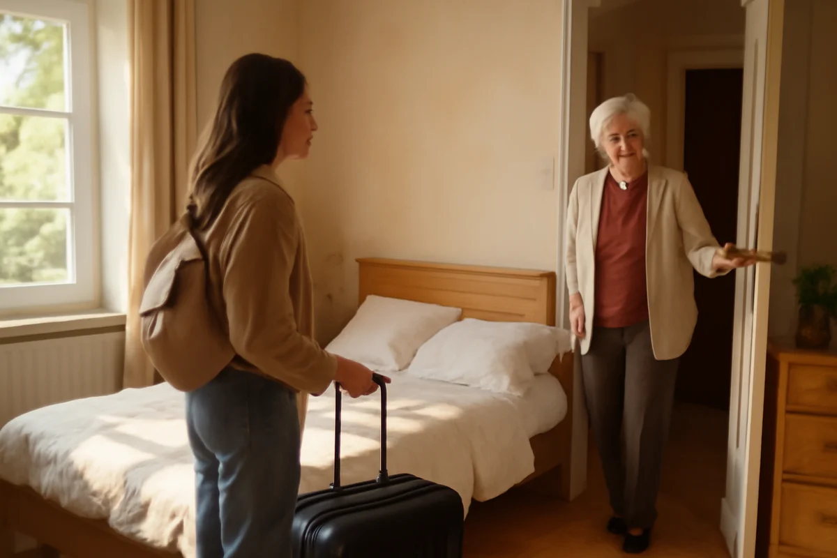 Une jeune femme découvre sa chambre meublée dans la maison d'une accueillante senior, valise encore à la main