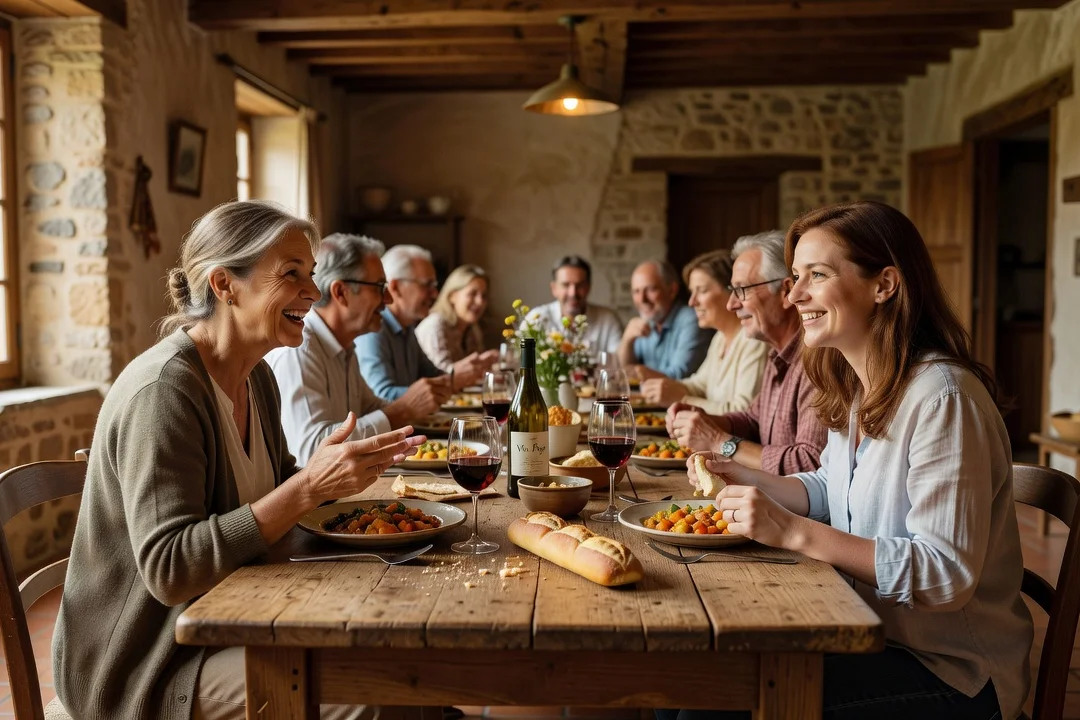 Une table commune accueille des habitants de tous âges autour d'un repas convivial