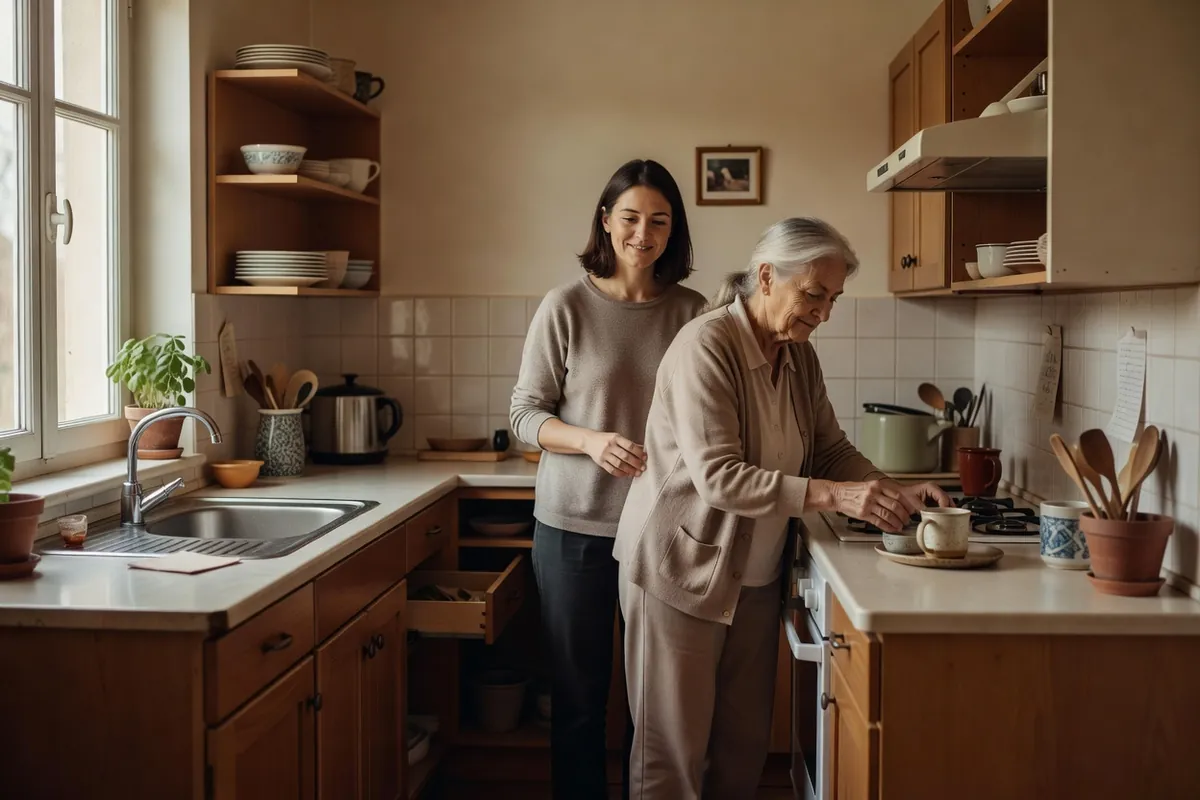Une ergothérapeute observe avec une personne âgée l'usage quotidien d'une cuisine