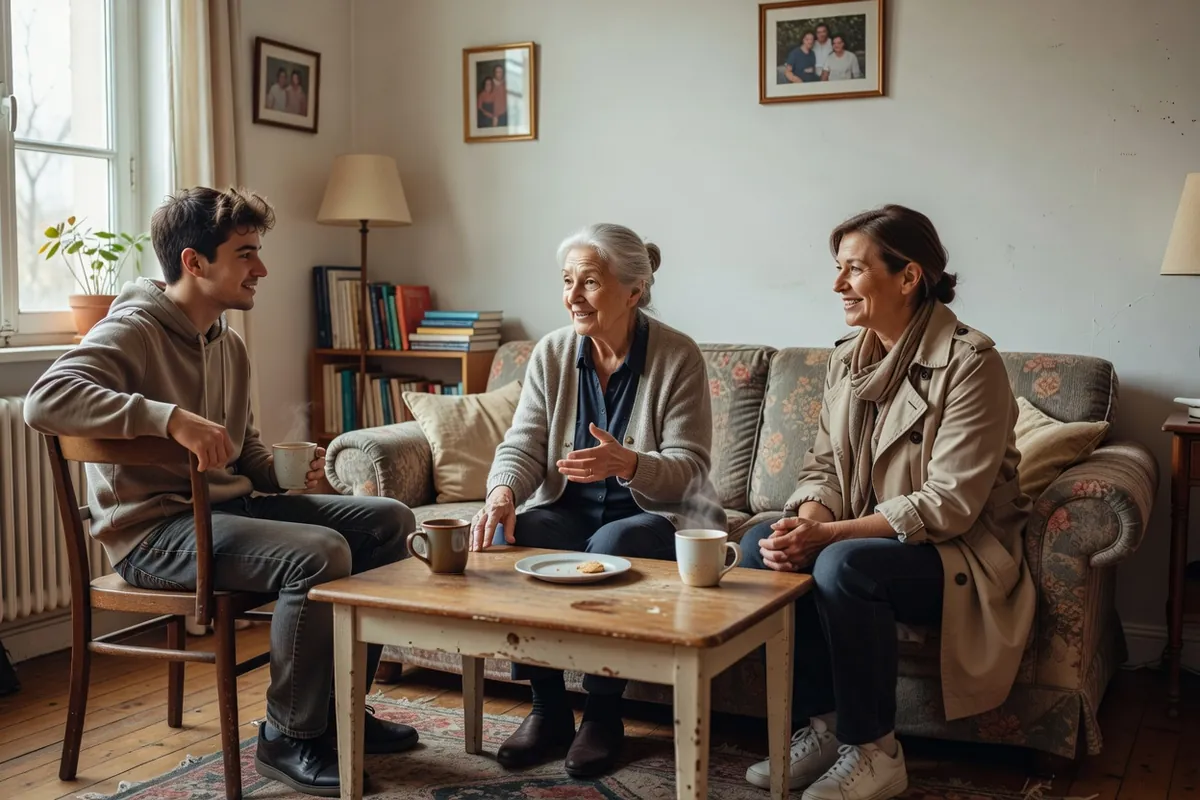 Une personne âgée échange à domicile avec une proche et un jeune voisin