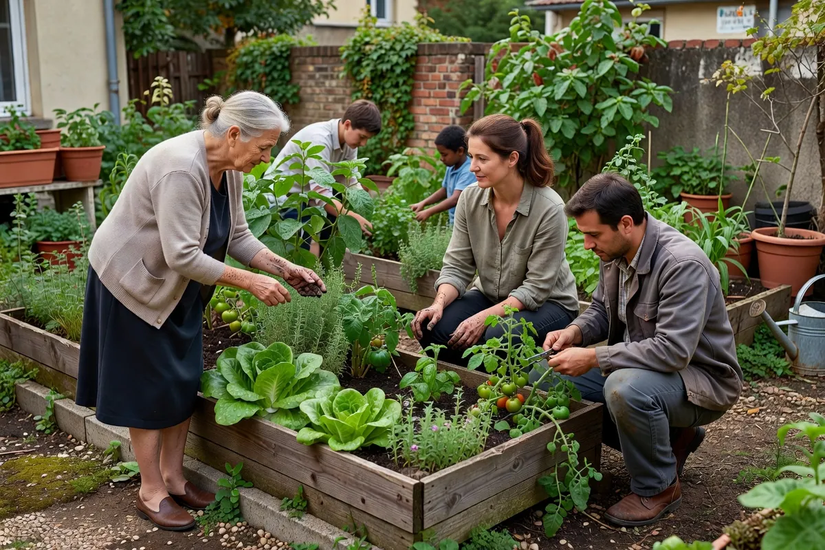 Des habitants de plusieurs générations jardinent ensemble dans un espace partagé