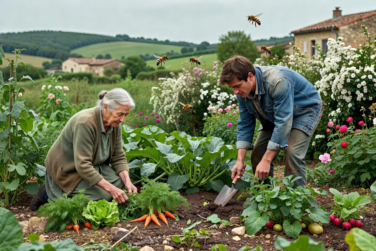 Des habitants de générations différentes s'occupent ensemble d'un jardin partagé rural