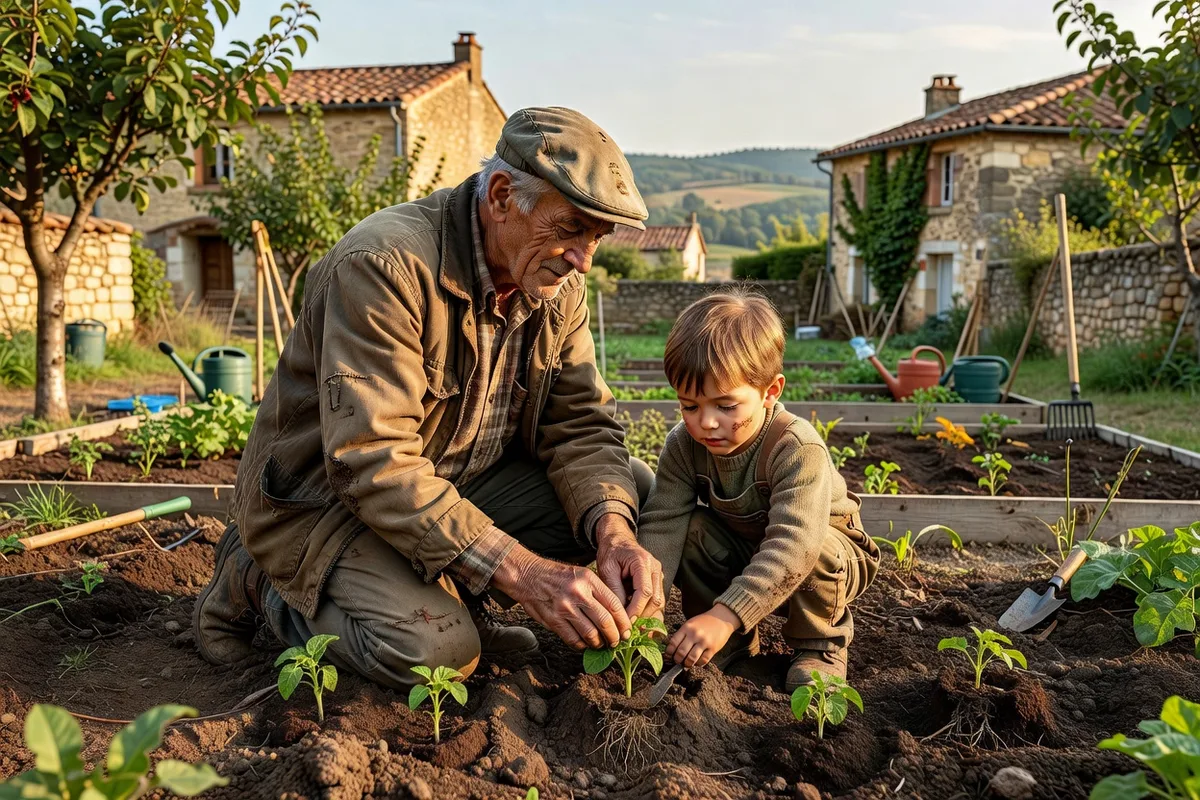 Une personne âgée transmet un geste de jardinage à un enfant dans un jardin partagé