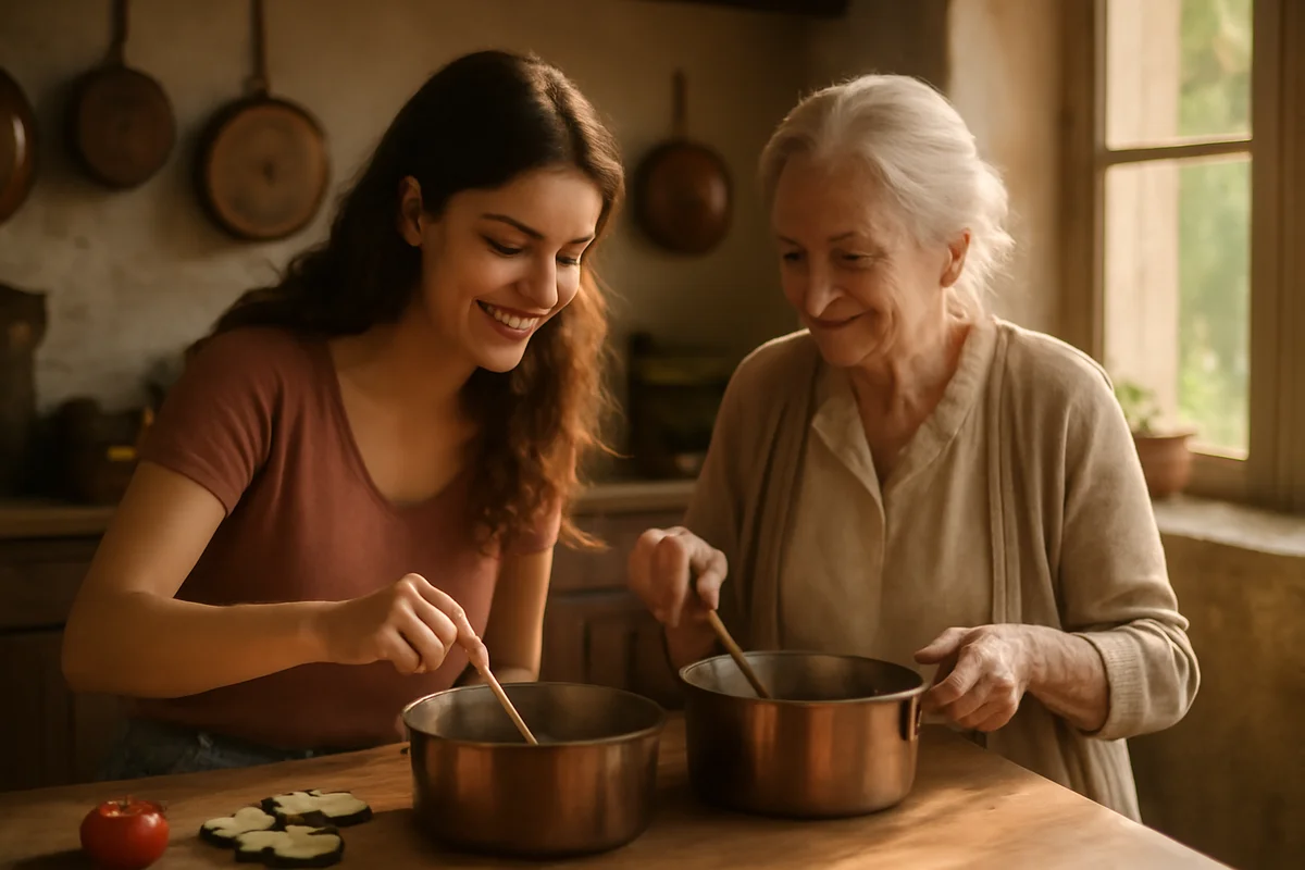 Une étudiante et une femme âgée préparent le dîner ensemble dans une cuisine lumineuse d'une maison de village