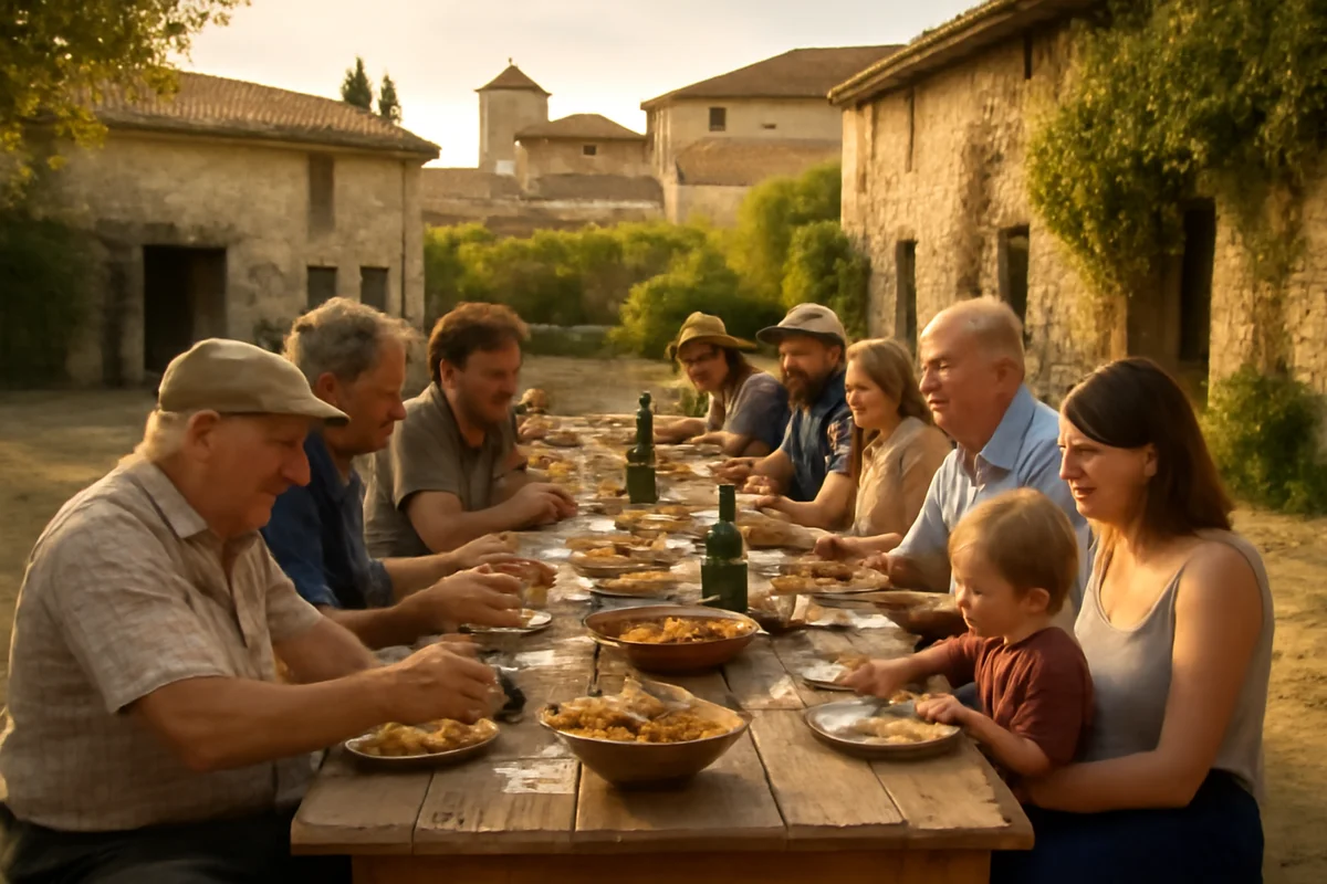 Des habitants de plusieurs générations partagent un repas autour d'une longue table dans une cour de ferme en Drôme