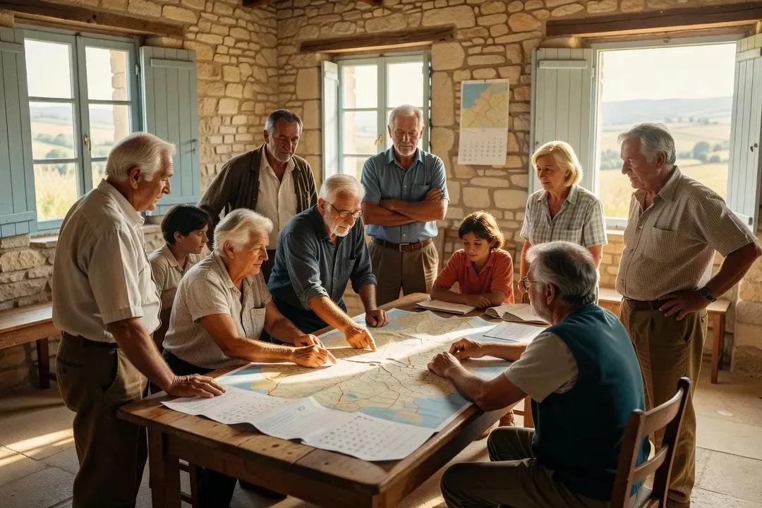 Habitants réunis autour d'une carte et d'un calendrier dans une salle communale en pierre calcaire près de Die