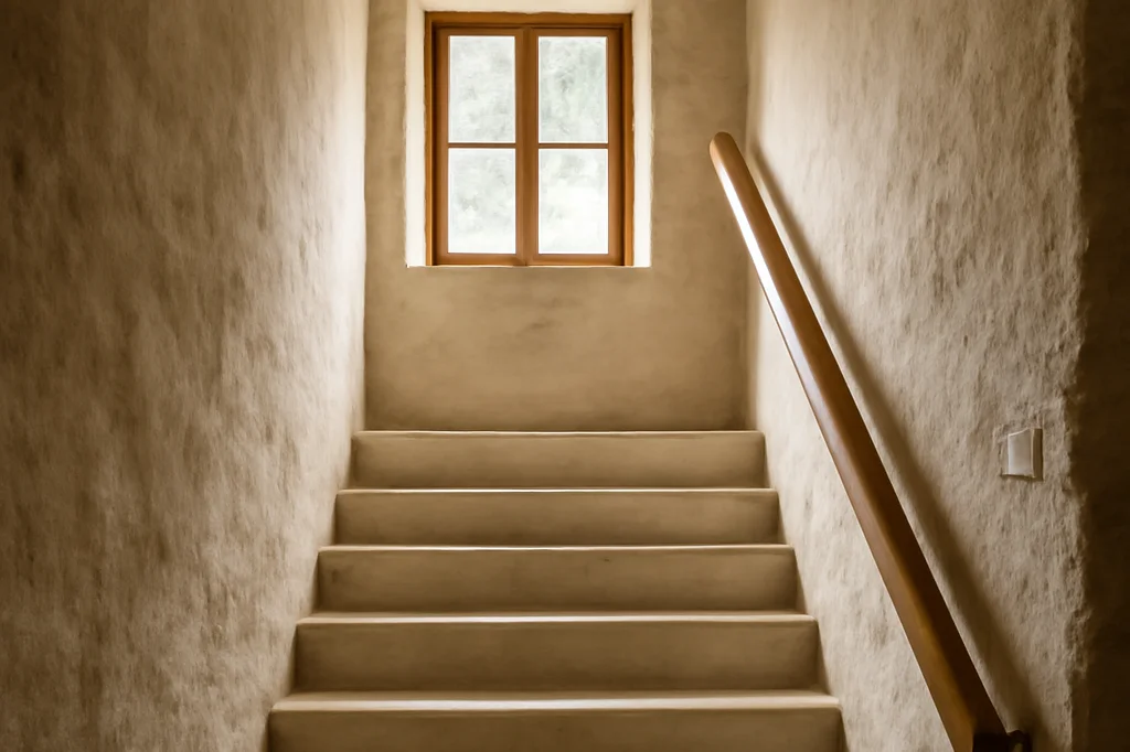 Escalier droit avec main courante dans une maison rurale, marches nettes