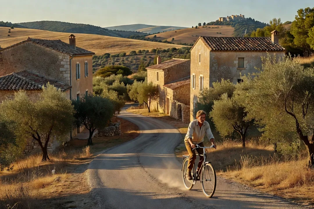 Personne à vélo sur une route rurale entre deux villages près de Crest, dans la vallée de la Drôme