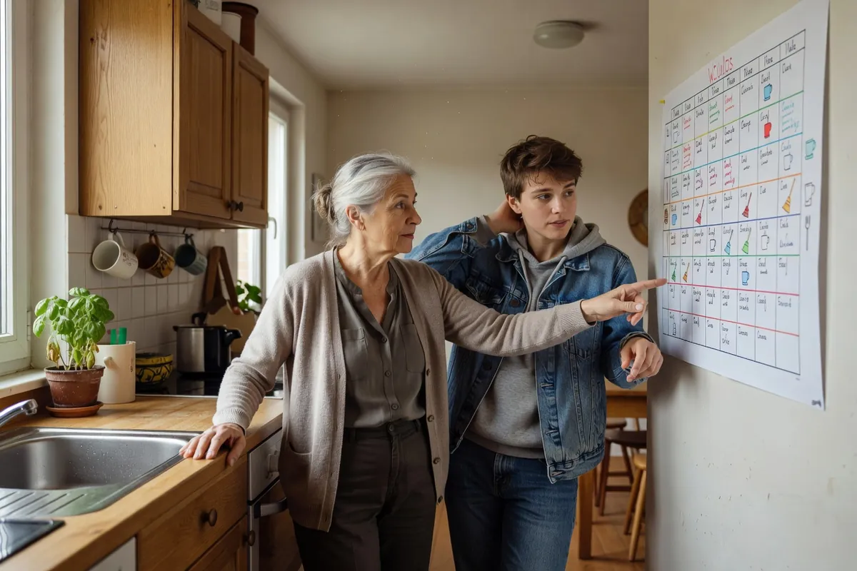 Une personne âgée et un jeune cohabitant organisent ensemble les règles de la vie commune