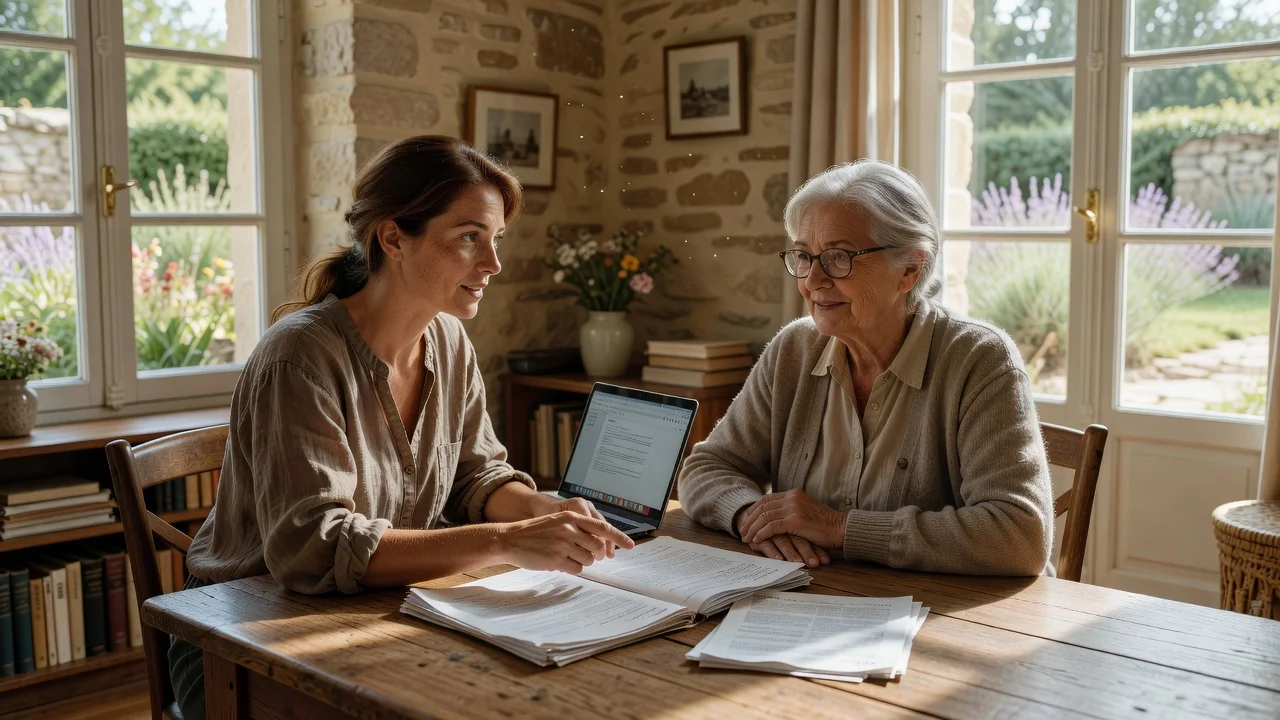 Un jeune cohabitant et un aîné consultent des documents administratifs ensemble dans un salon lumineux