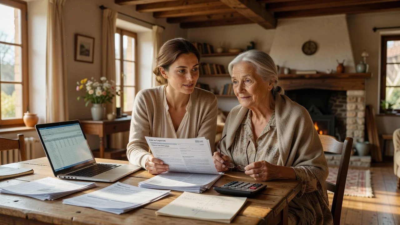 Jeune et senior consultent ensemble des documents d'aide au logement dans un salon lumineux