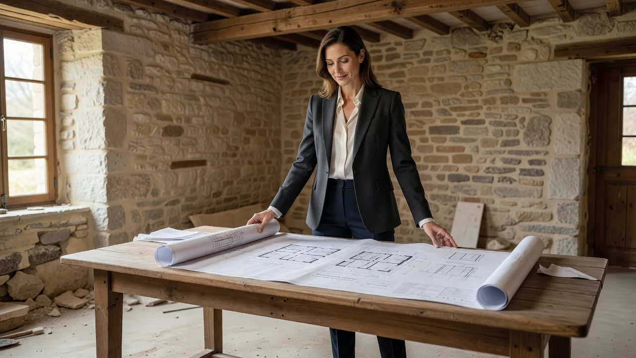 Une architecte présente un plan d'aménagement de logement adapté dans une maison en rénovation