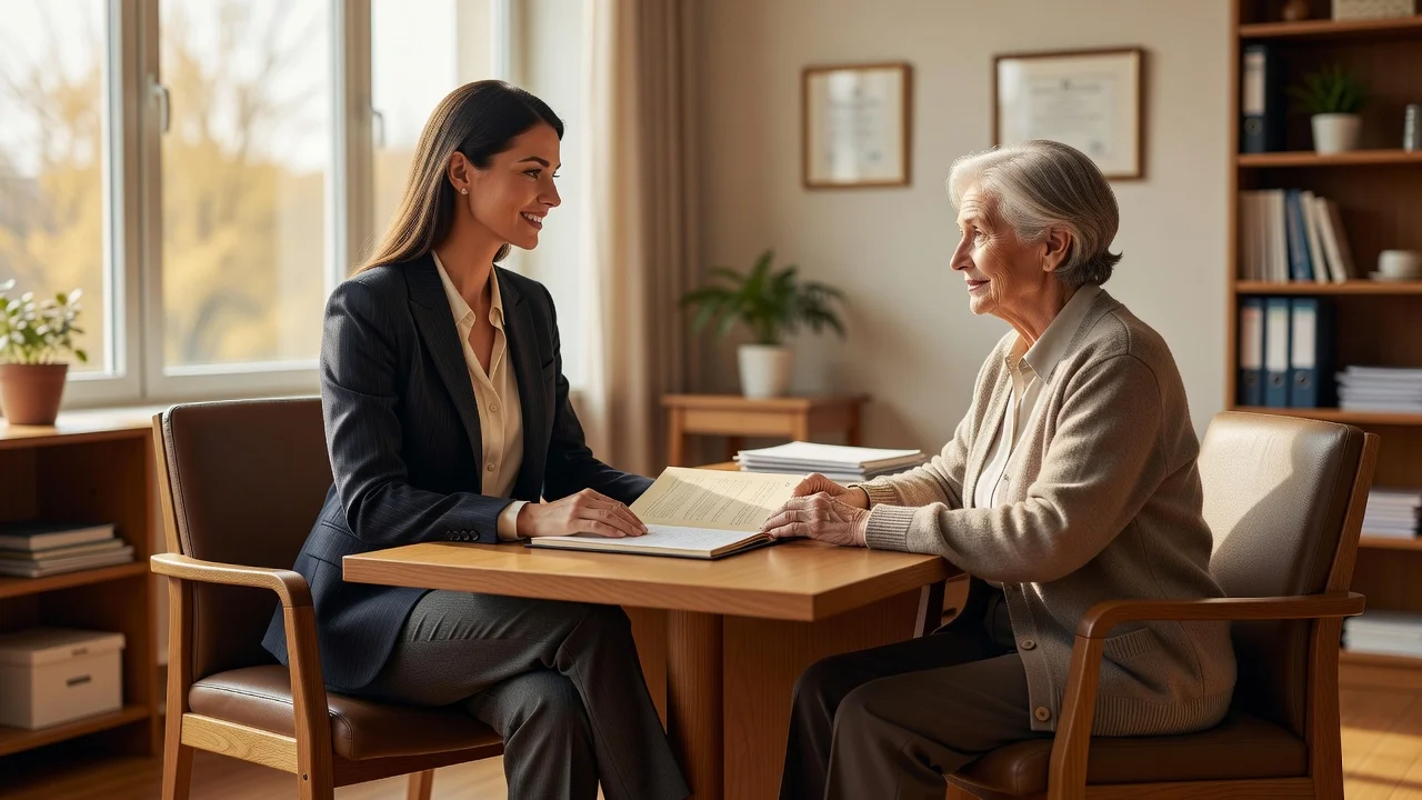 Une assistante sociale échange avec une personne âgée autour d'une table dans un bureau lumineux
