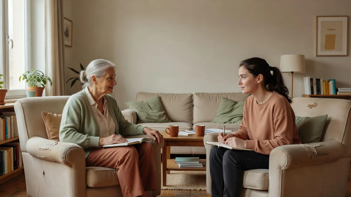 Une personne senior et une étudiante échangeant dans un salon lumineux