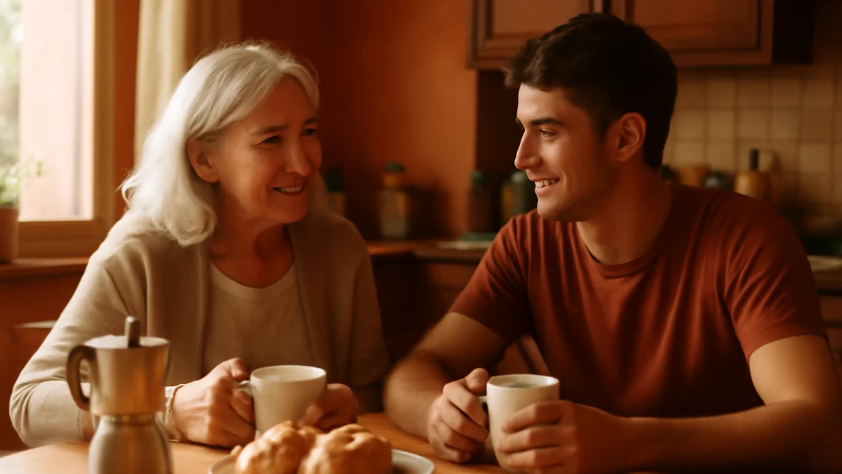 Deux colocataires d'âges différents partagent le petit-déjeuner dans une cuisine chaleureuse aux tons terracotta
