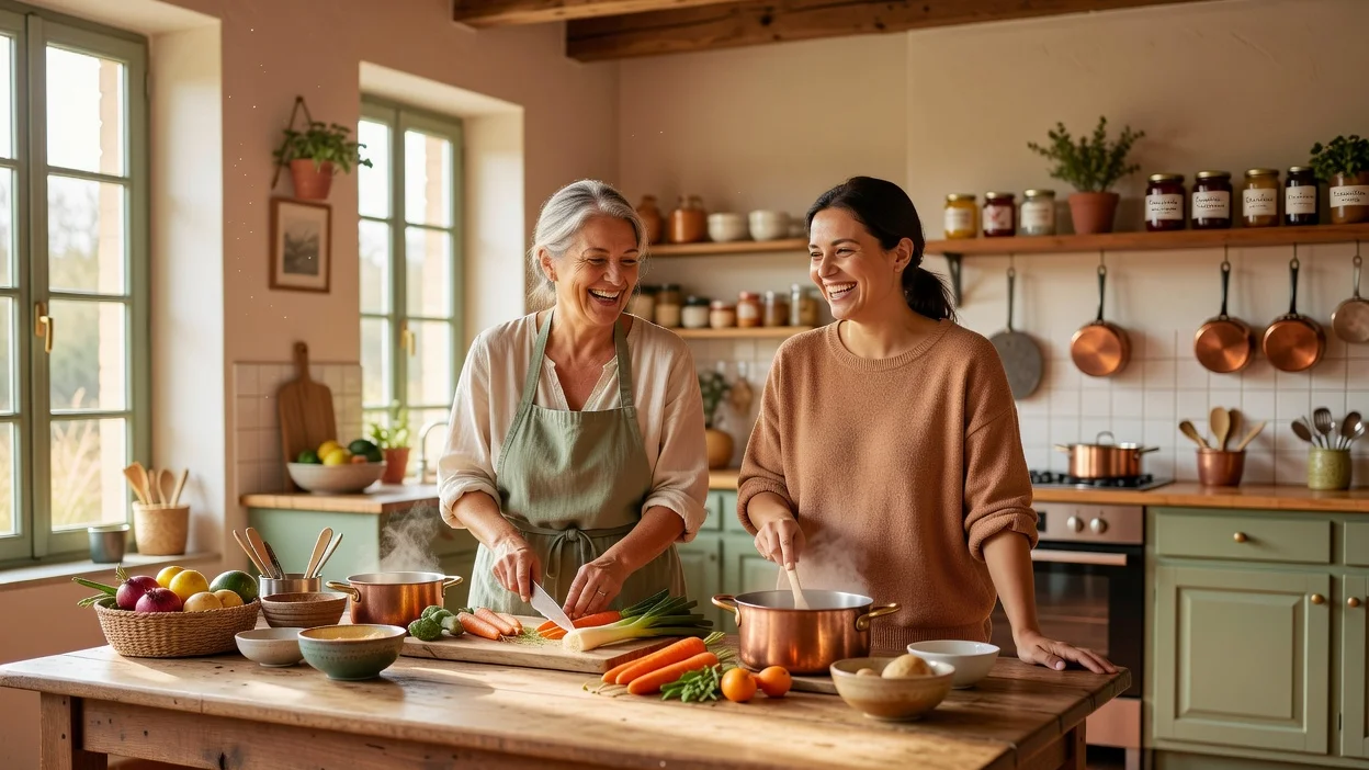 Des habitants de générations différentes partagent un repas dans une cuisine commune lumineuse