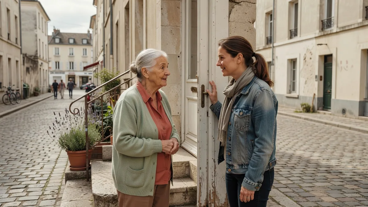 Personne senior échangeant avec une voisine sur le pas d'une porte