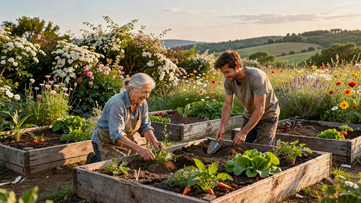 Des habitants de plusieurs générations jardinent ensemble dans un jardin partagé rural