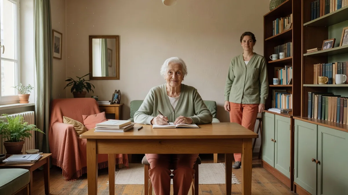 Chambre accueillante chez une personne senior avec bureau et lumière naturelle