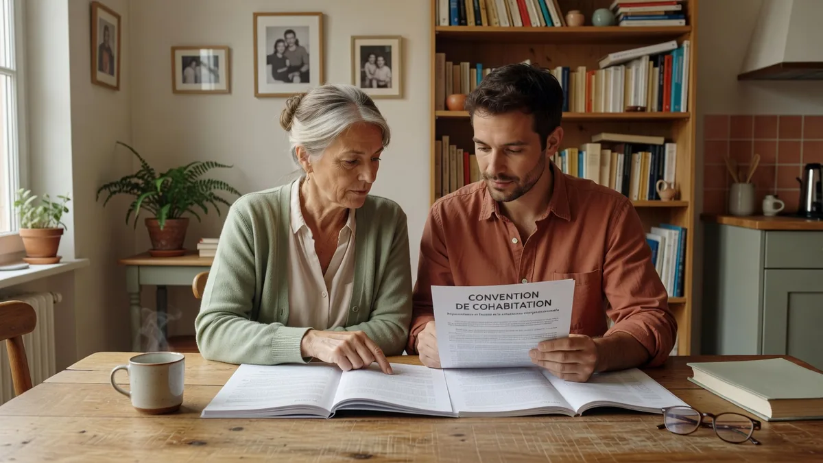Deux personnes relisant ensemble une convention de cohabitation à une table