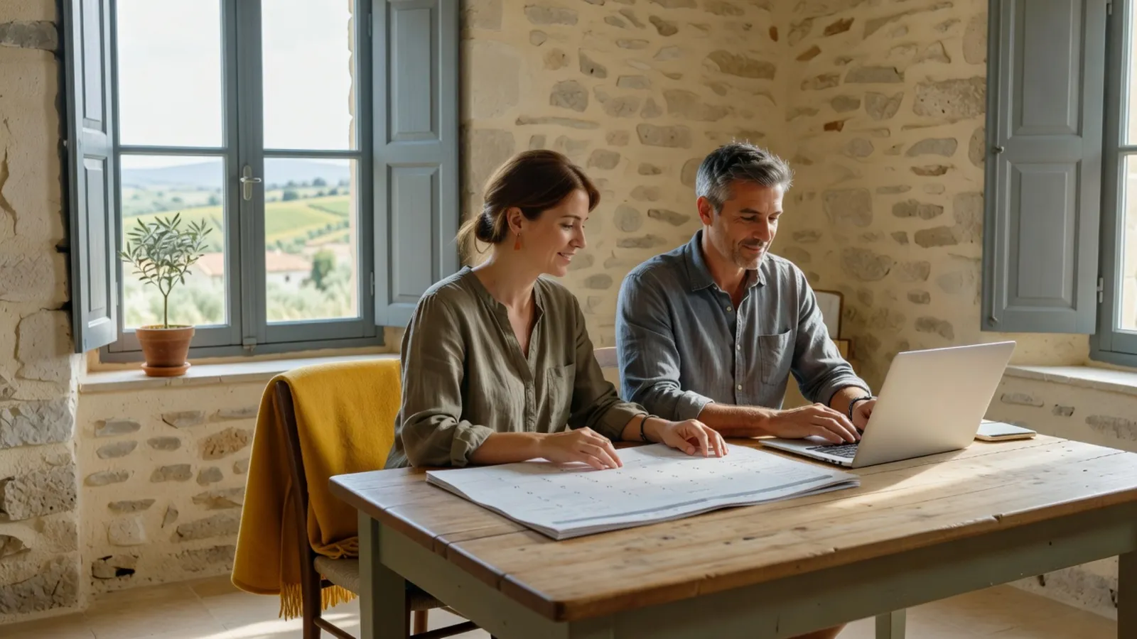 Deux personnes organisent un planning de travail partagé dans un bureau rural lumineux