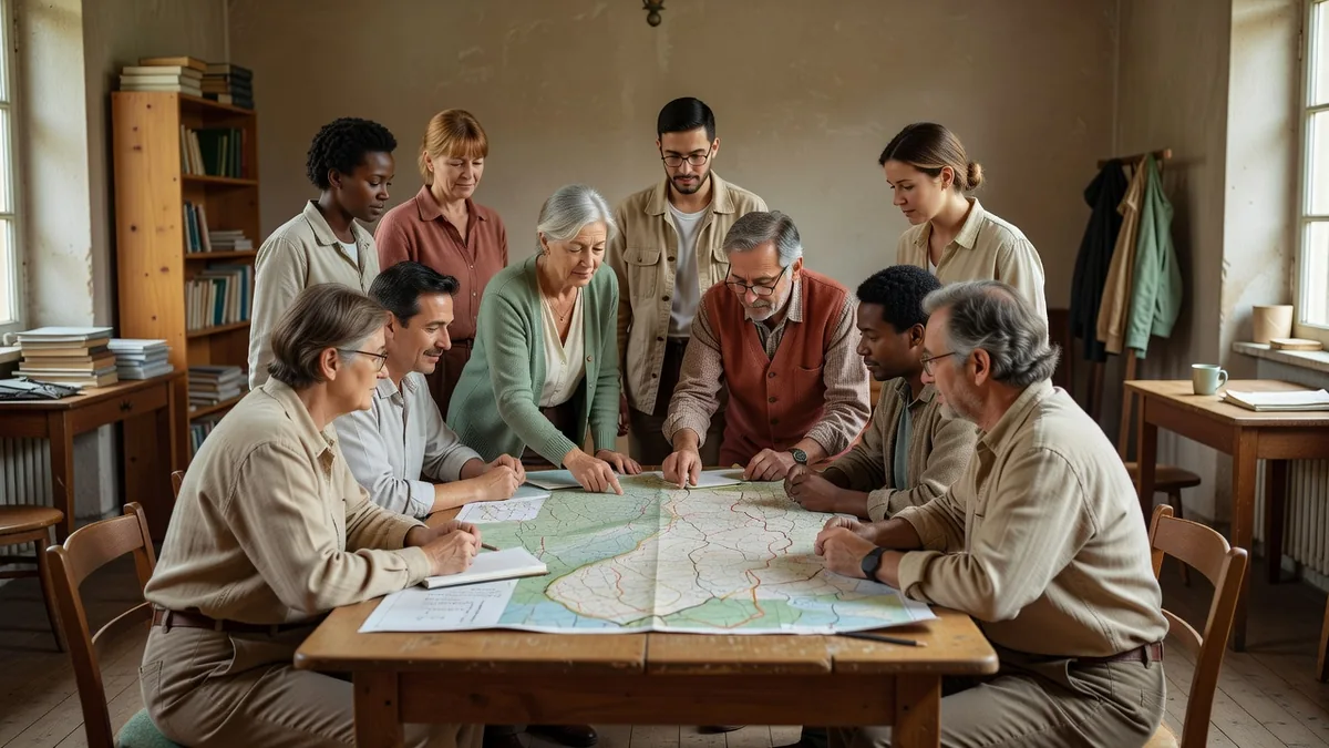 Réunion de travail dans une petite commune rurale autour d'une carte du territoire